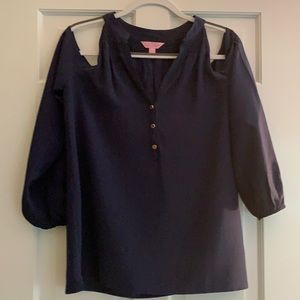Lilly Pulitzer true navy blue open shoulder blouse.